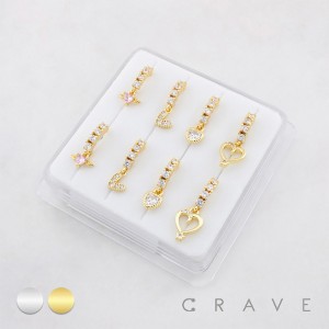 8PCS OF ASSORTED CZ DANGLE 316L SURGICAL STEEL O-RING NOSE HOOP BOX